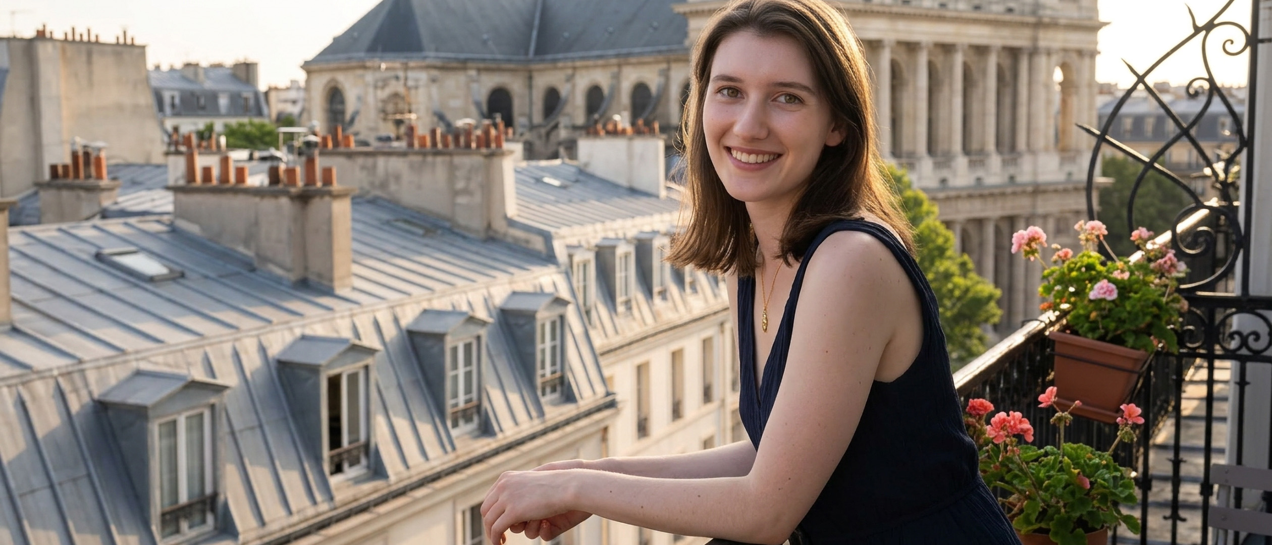 On a balcony above the rooftops of Paris at golden hour