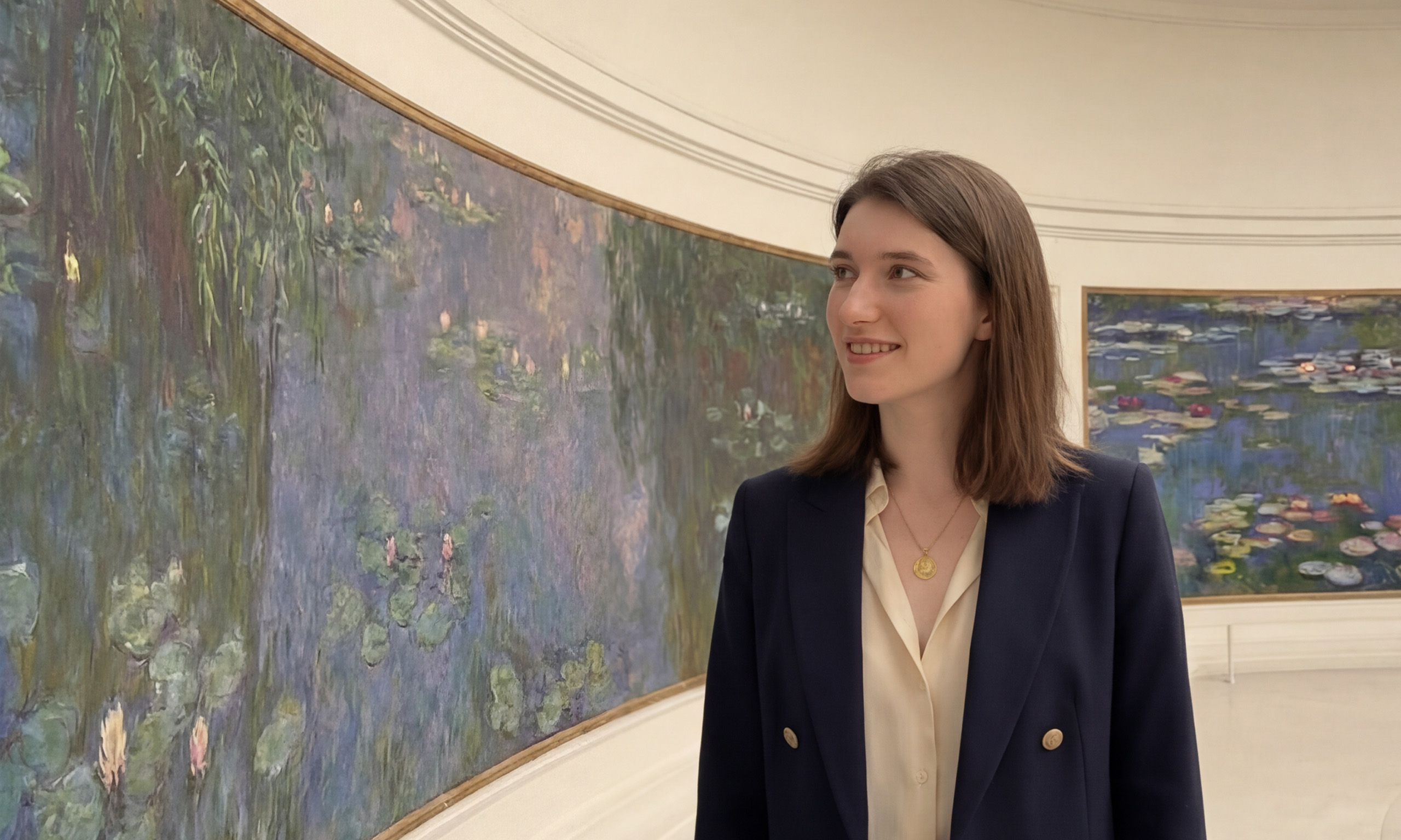 A visitor before Monet's Water Lilies at the Musée de l'Orangerie, Paris