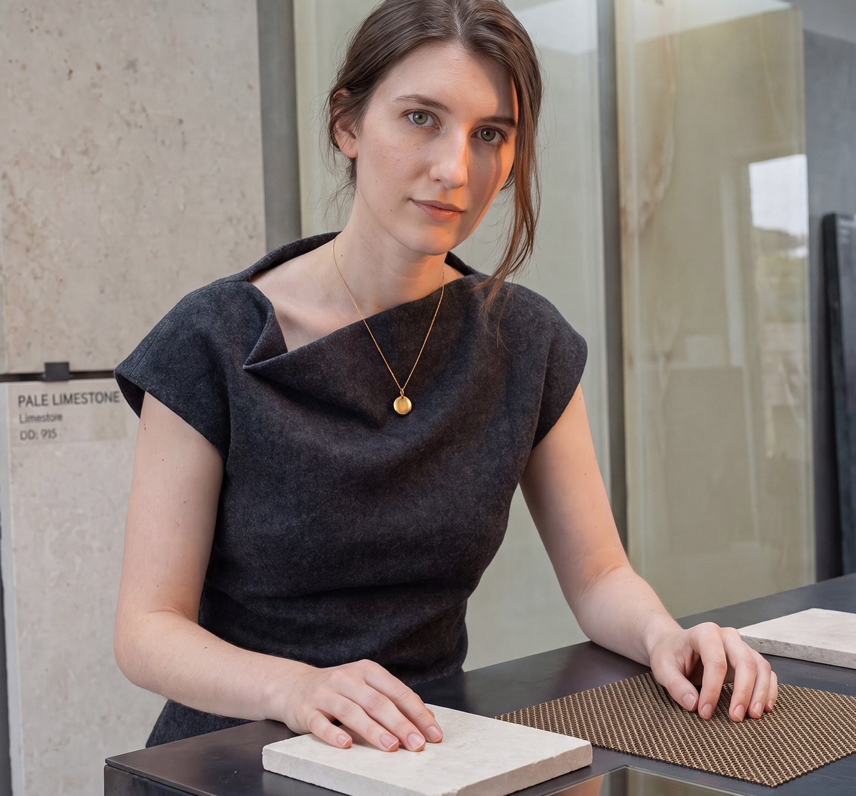 Studying material samples in a design showroom